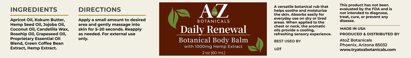 Label of A2Z Botanicals Daily Renewal Botanical Body Balm with ingredients and directions.
