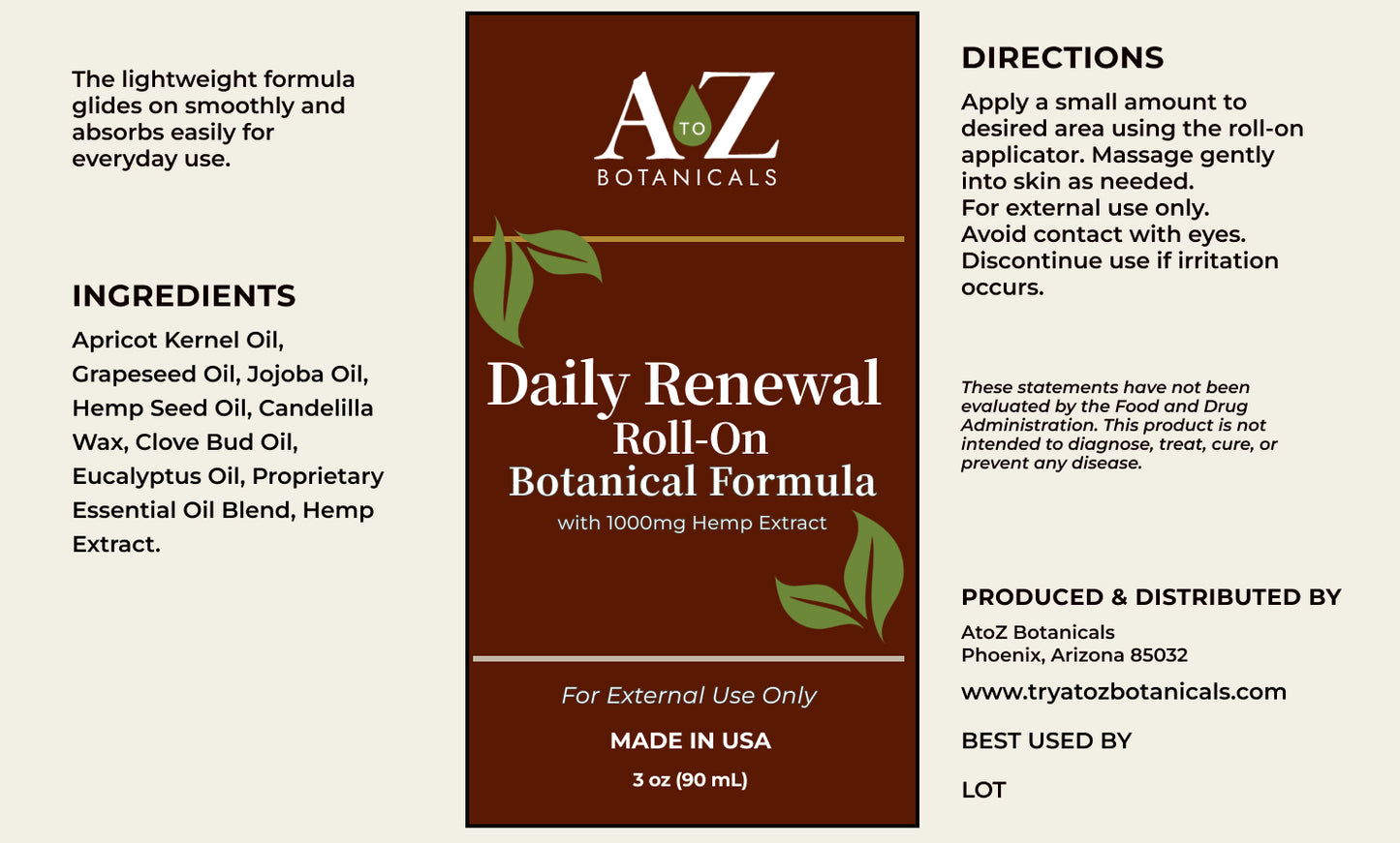 A & Z Botanicals Daily Renewal Roll-On Botanical Formula packaging with text on ingredients, directions, and production details.