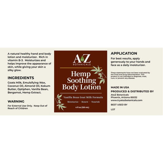 Label of AZ Botanicals Hemp Soothing Body Lotion on a white background