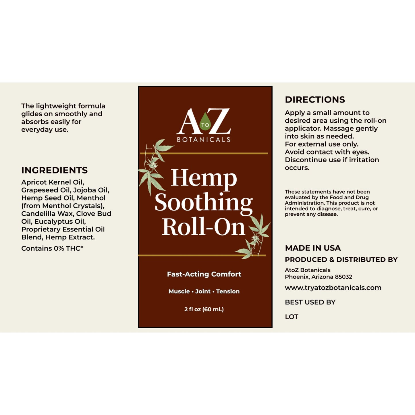 A2Z Botanicals Hemp Soothing Roll-On label with ingredients and directions.