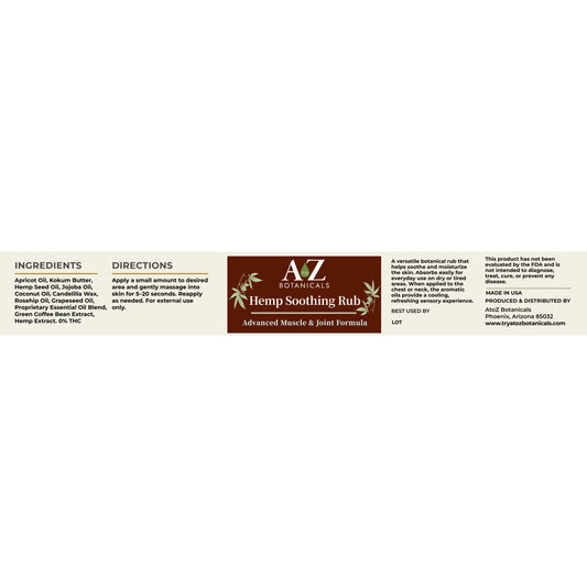 A label for A&Z Botanicals Hemp Soothing Rub on a white background