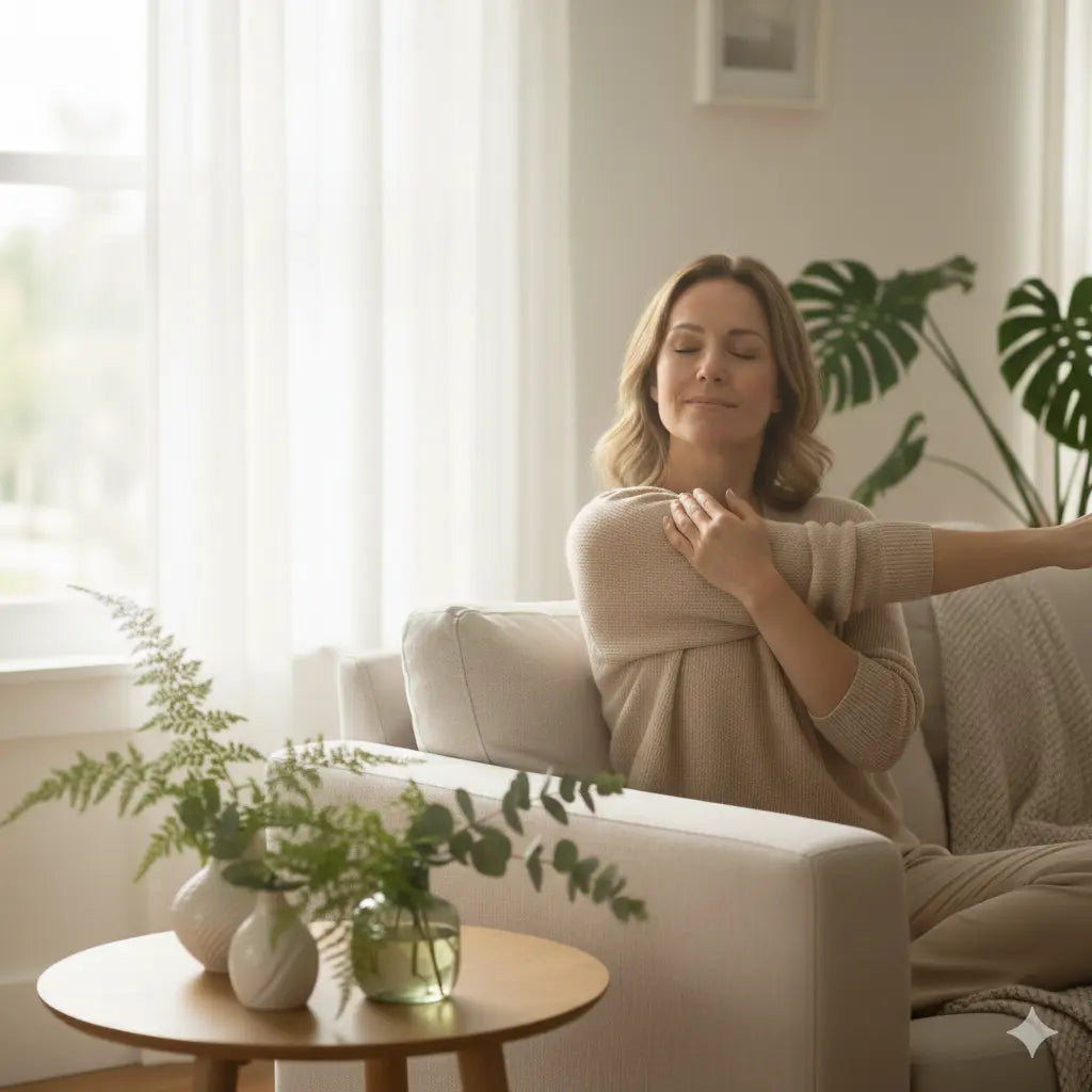 Woman sitting on a couch in a bright living room with plants and a table.