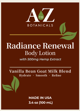 A to Z Botanicals Radiance Renewal Body Lotion packaging with vanilla bean goat milk blend on a brown background.