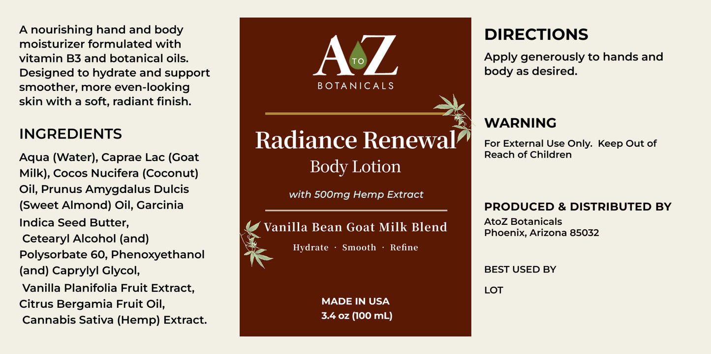 A&Z Botanicals Radiance Renewal Body Lotion label with ingredients and directions.