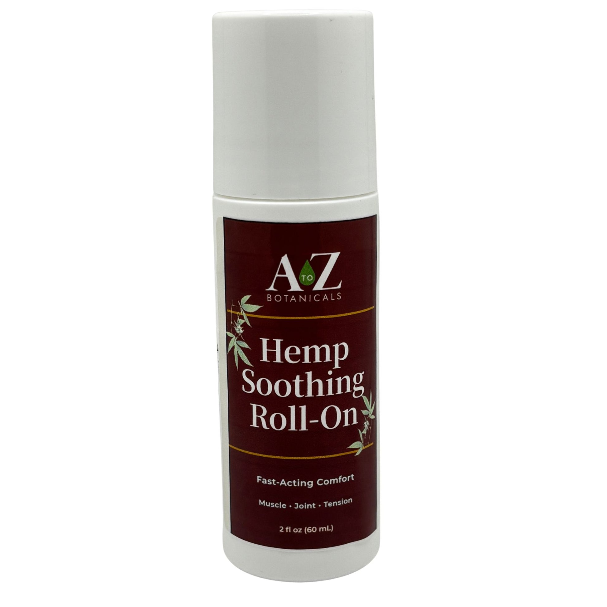 A bottle of A+Z Botanicals Hemp Soothing Roll-On on a white background
