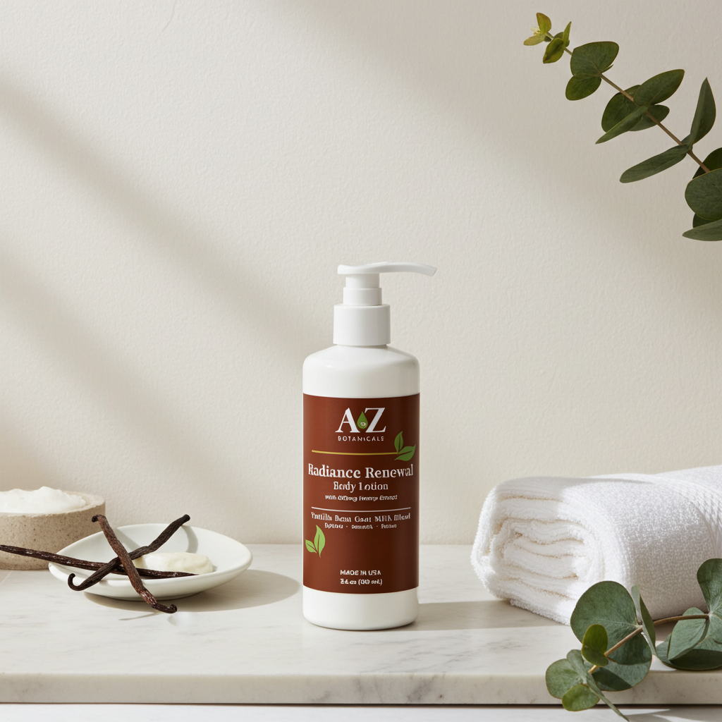 Body lotion bottle on a table with eucalyptus leaves and a towel in the background