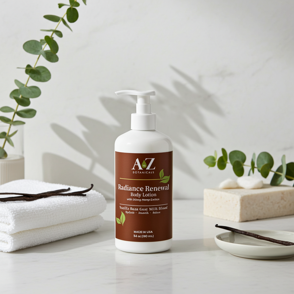 A bottle of A&Z Botanicals Radiance Renewal Body Lotion on a white surface with greenery in the background.