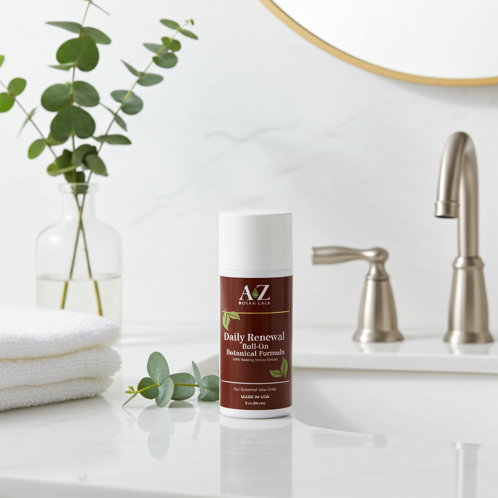 Skincare product on a bathroom counter with a plant and faucet in the background