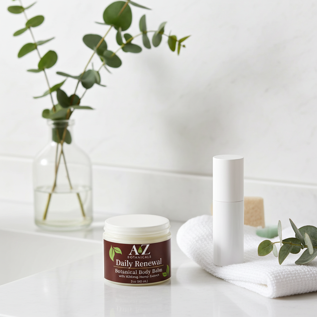 A jar of A+Z Naturals Daily Renewal Botanical Body Balm on a white surface with greenery in the background.