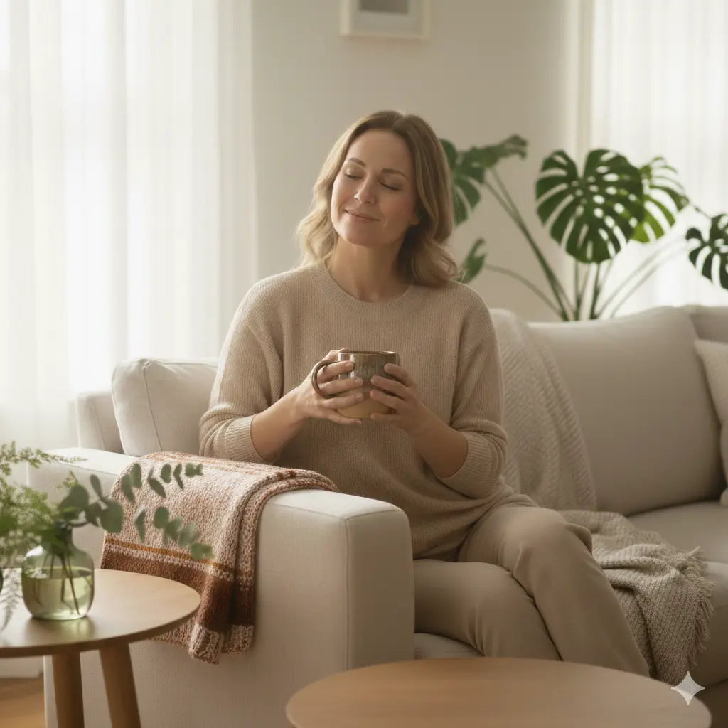 Woman sitting on a couch holding a mug in a cozy living room.